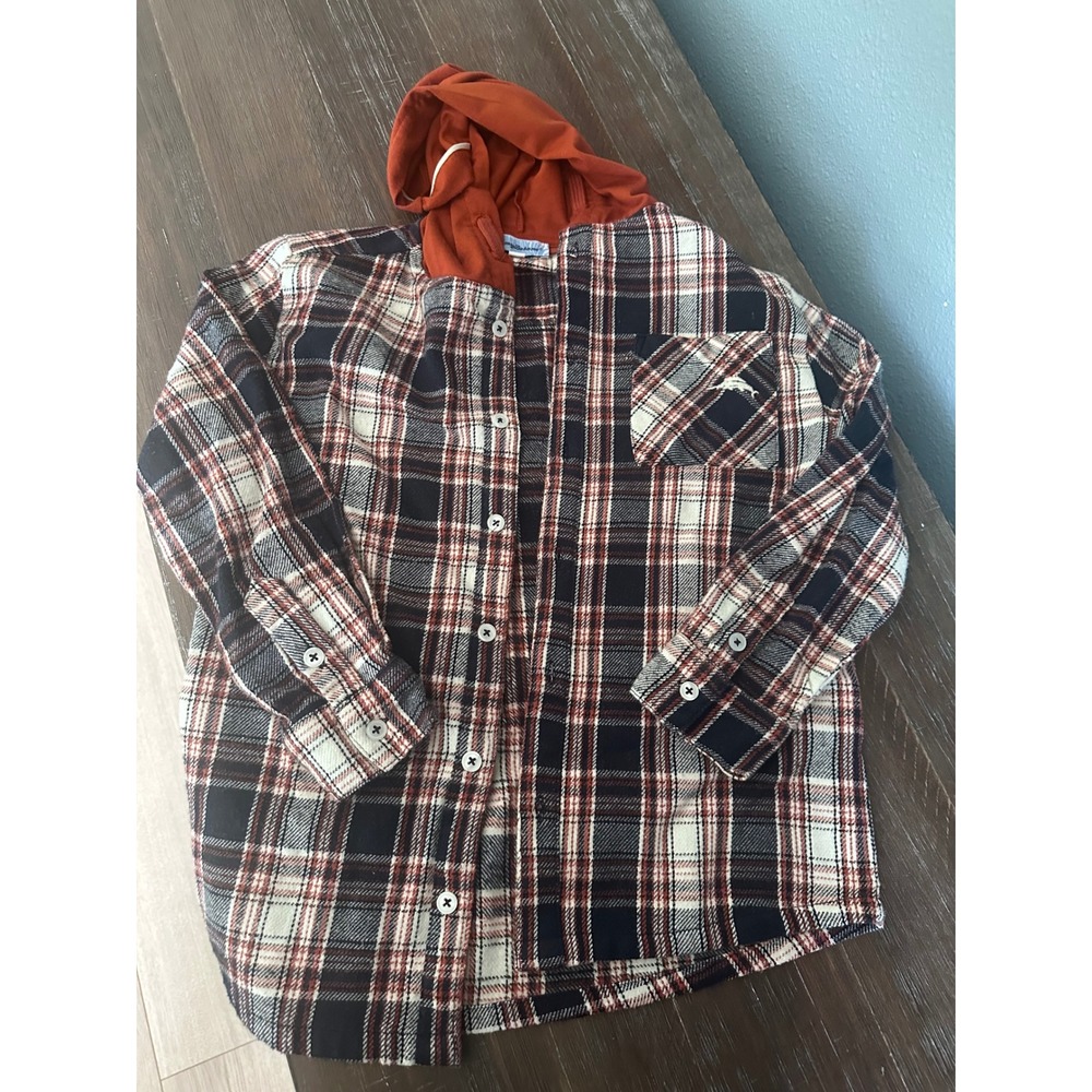 Tommy Bahama Boys Plaid Flannel Hooded Shirt Size 8 Navy Orange Ride The Wave